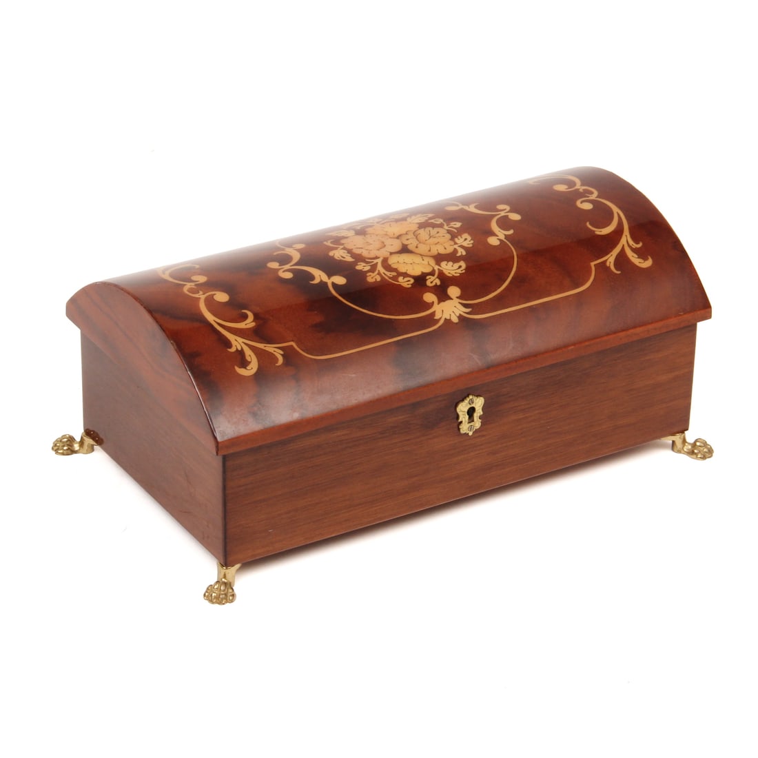 Intarsitalia Wood Inlaid Music Jewelry Box: A vintage Italian inlaid wood jewelry music box resting upon brass claw feet by Intarsitlia. This piece plays the song "Torna a Sorrento" when wound. 11w, 5h, 7d inches.