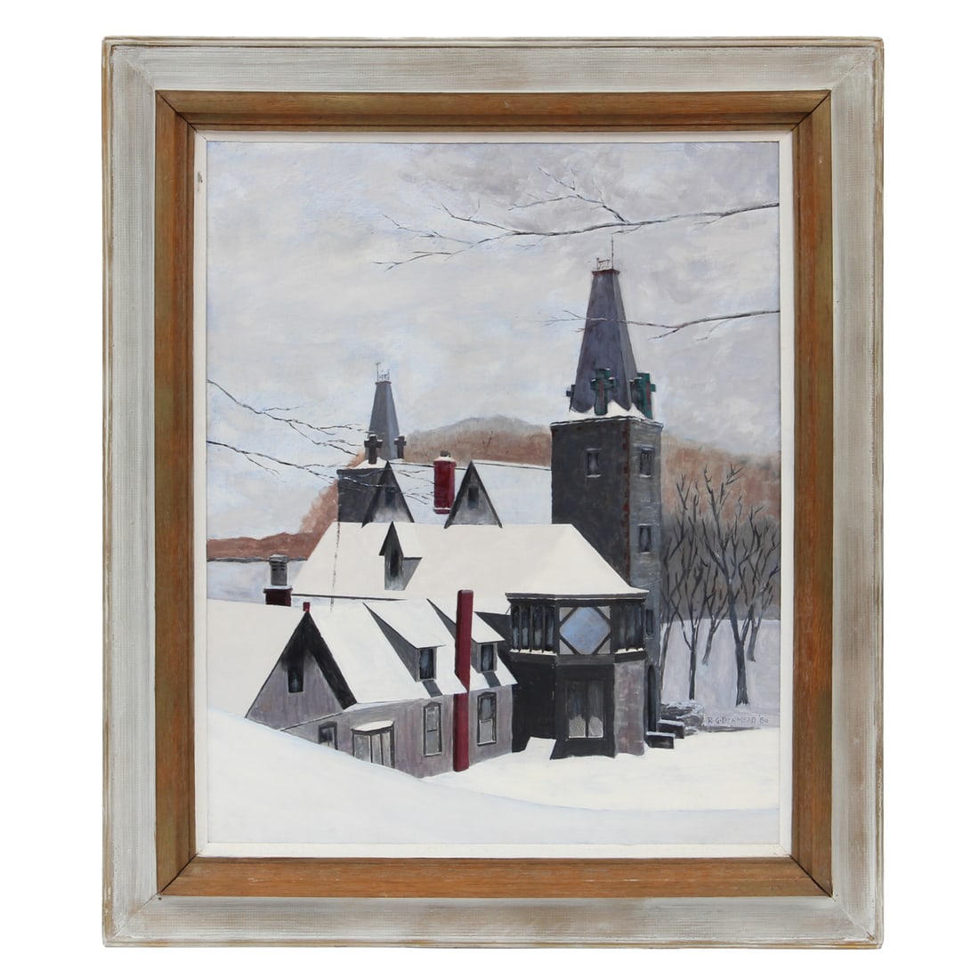 R.G. Denmead Oil on Board Church Scene Painting, 1980: A vintage oil on board painting of church by artist R.G. Denmead, 1980. 29.5w, 34.5h, 2h.