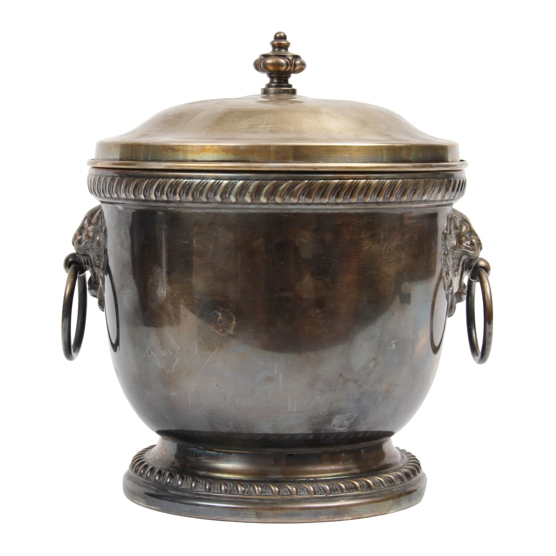 Silverplate Ice Bucket With Lion Head Handles: Silverplate Ice Bucket With Lion Head Handles and plastic insert. 8.5w, 9.5 h inches.