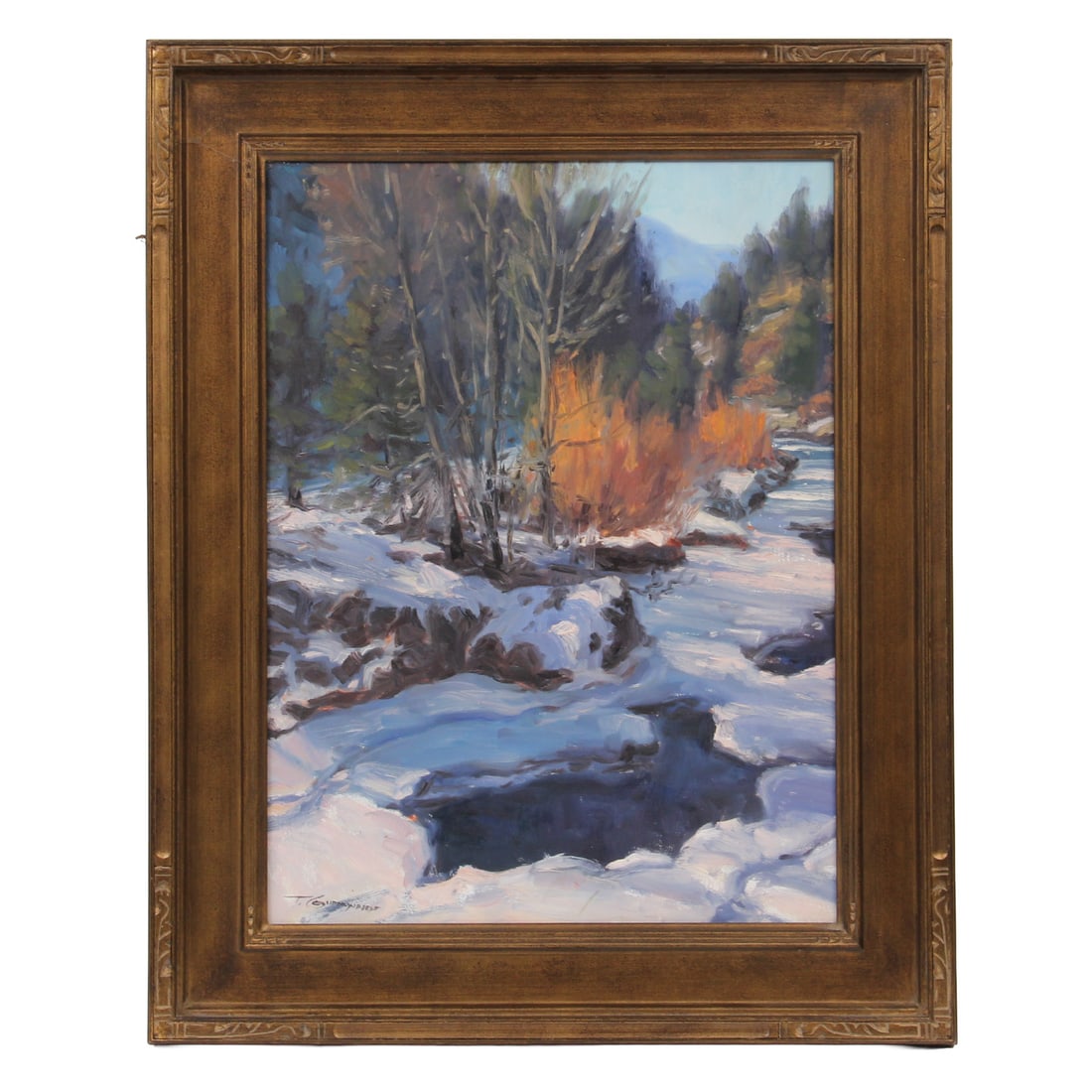 Trent Gudmundsen Oil on Board Winter Scene Painting: A vintage oil on board winter scene painting by artist Trent Gudmundsen, housed in a dark gilt wood frame. 24.5w, 31h, 2d inches.