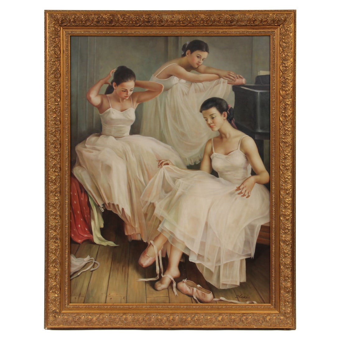 Ballerinas Large Oil on Canvas Painting, Signed Henry: A vintage large painting of three ballerinas preparing ro dance. Signed "Henry" to bottom right, housed in a composite and wood frame. 37w, 47h, 2.25d inches.
