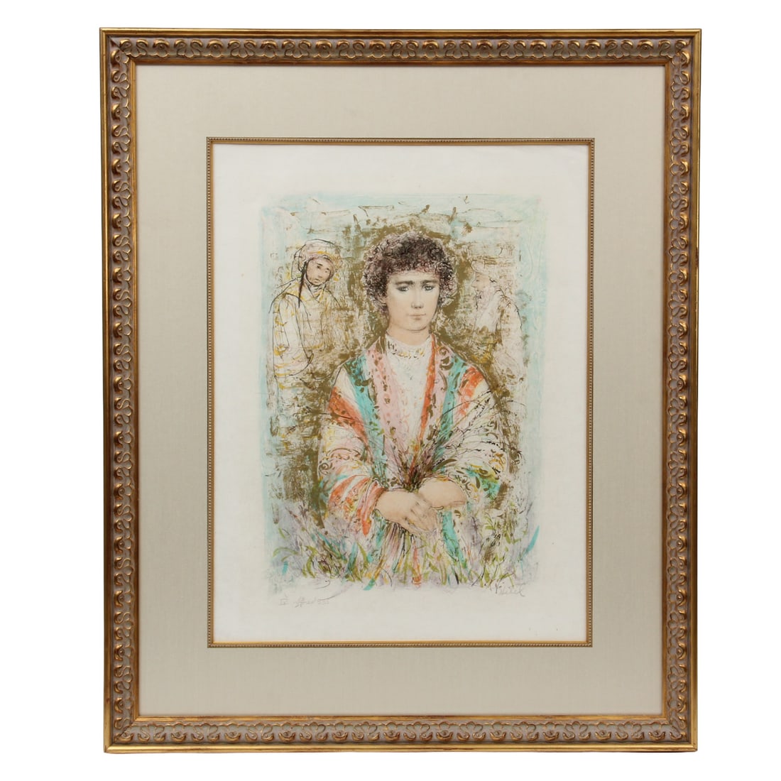 Edna Hibel "Joseph" Lithogtaph Print, 1979: Edna Hibel color lithograph titled "Joseph" from 1979. PIece is framed in a gold golt frame under glass.28.5w, 35, 1.5d inches.