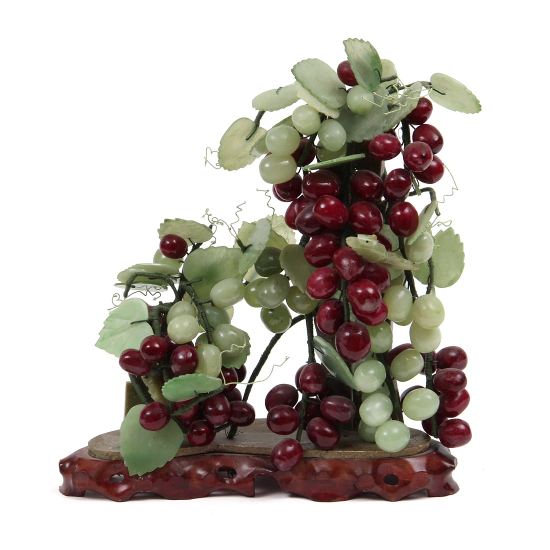 Jade Grape Tree Sculpture: A vintage jade stone grape tree. 12w, 14h, 7d inches.