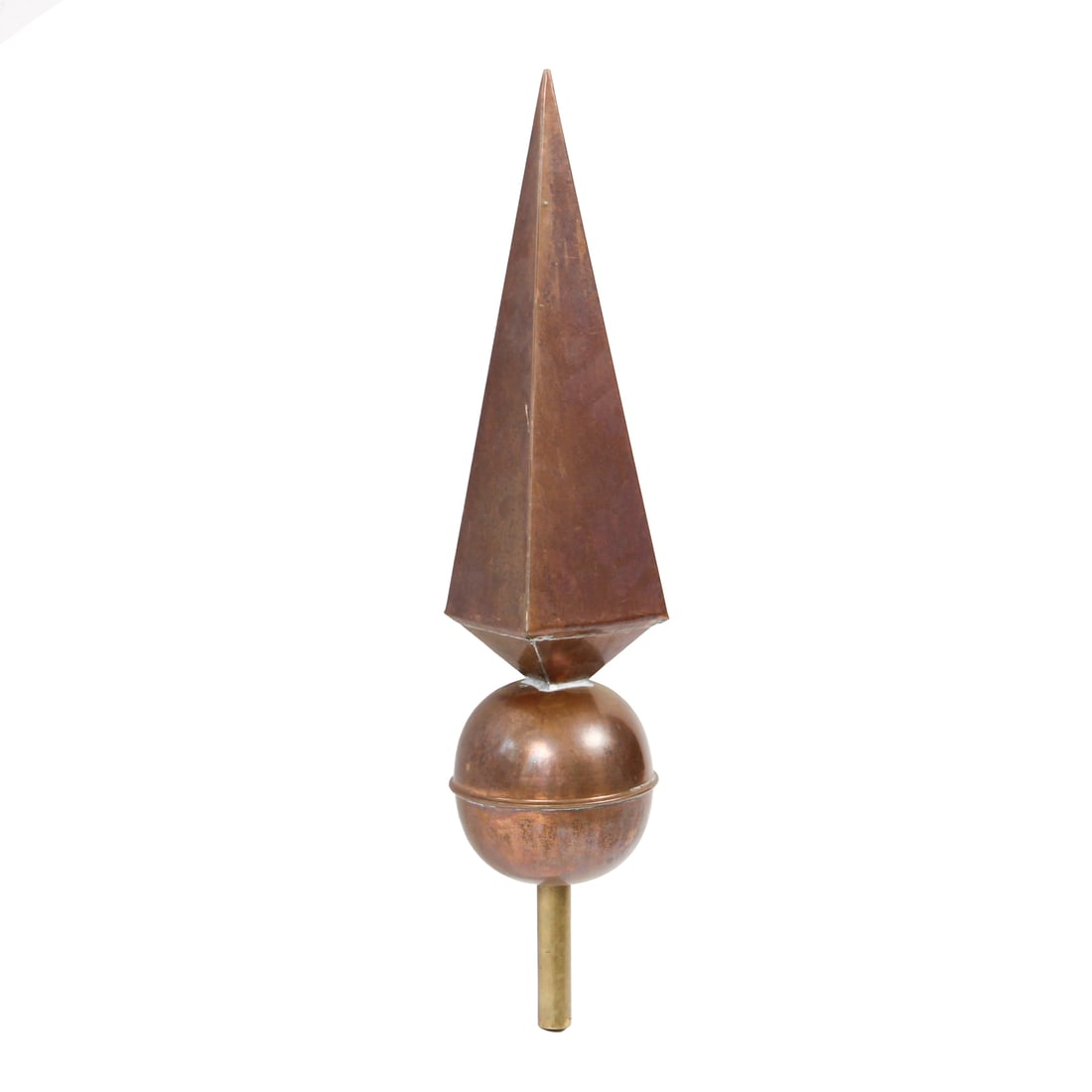 24" Handmade Copper Finial: A vintage handmade copper finial with pyramid top and round ball pase and brass tube support. 5.5w, 24h inches.