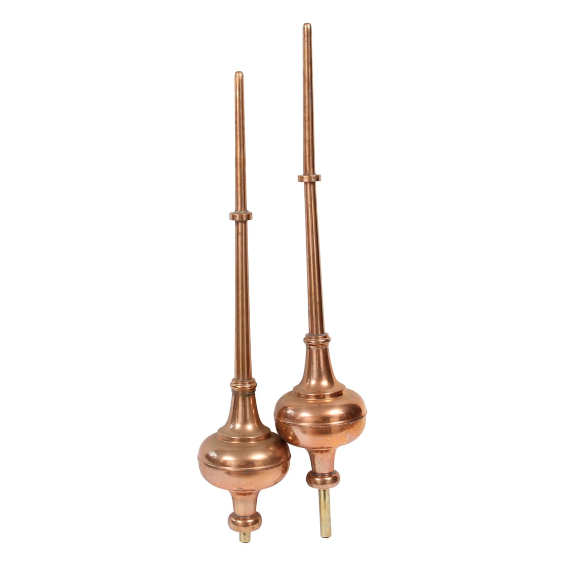36" Handmade Copper Finials, Pair: A pair of handmade copper finials with brass tube base supports. pieces are 36" tall not including the brass supports. 8w, 39h (of tallest overall piece).