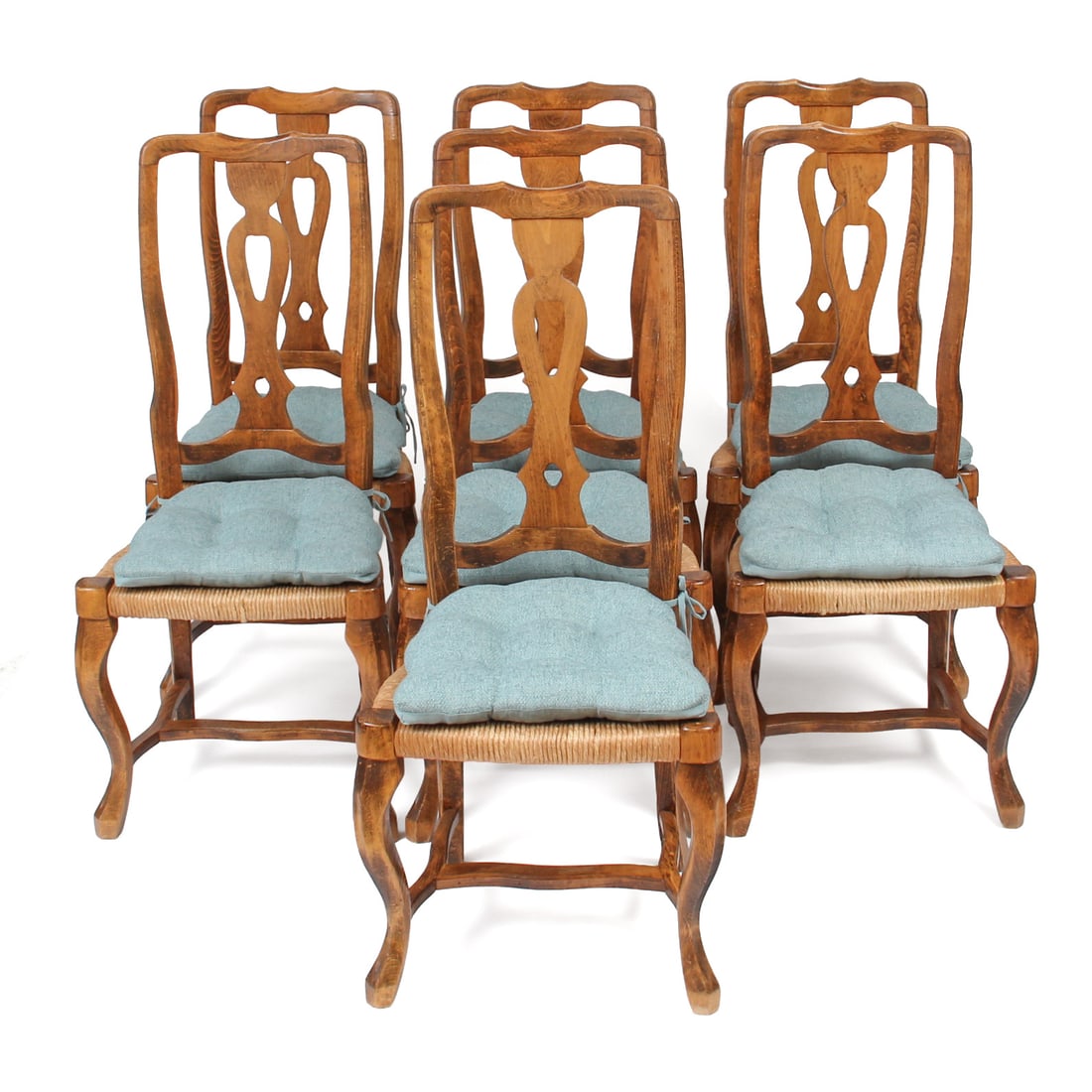 Italian Wood Dining Chairs, 7: Set of 7 Italian wood dining chairs with rush seats and blue fabric cushions. 19.5w, 43h, 16d inches(of one chair), 18 inch seat height.