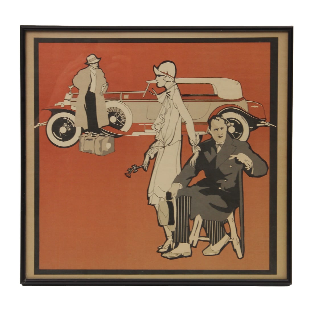 1920s Style Print: vintage Print in black metal frame under glass. 15.5w, 14.75h, 0.5d inches.