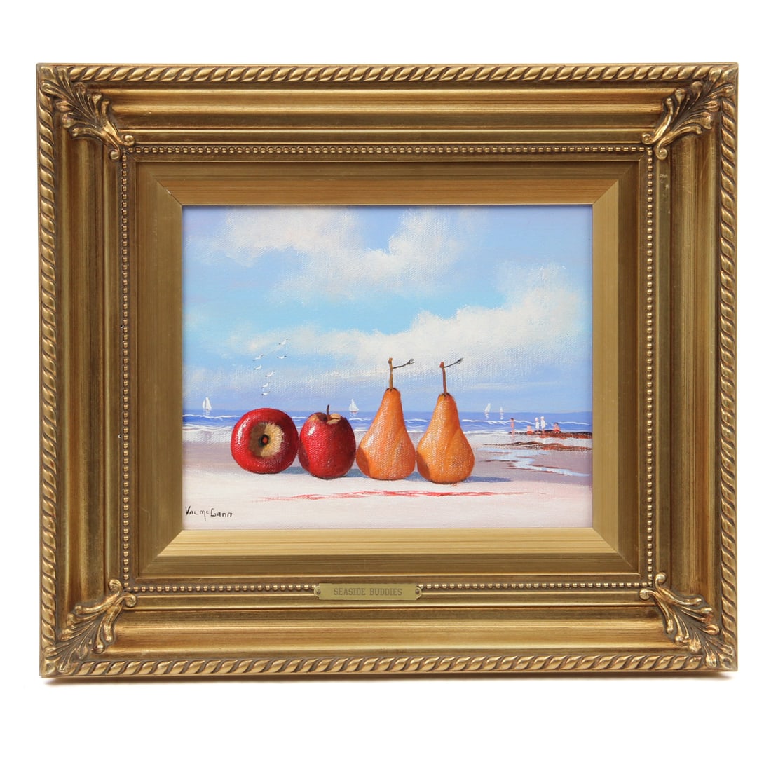 Val McGann "Seaside Buddies" Surrealist Painting: Vintage painting on canvas by Val McGann titled "Beach Buddies" depicting oversized fruits on the beach. Signed lower left, housed in a gilt gold frame. 16w, 14h, 2d inches.