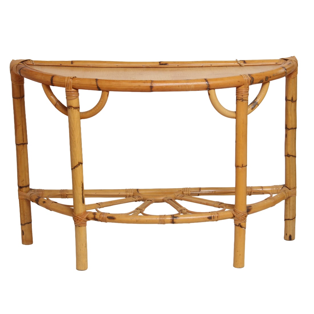Rattan Demilune Table: Vintage rattan demilune table. 41w, 28h, 14d inches.