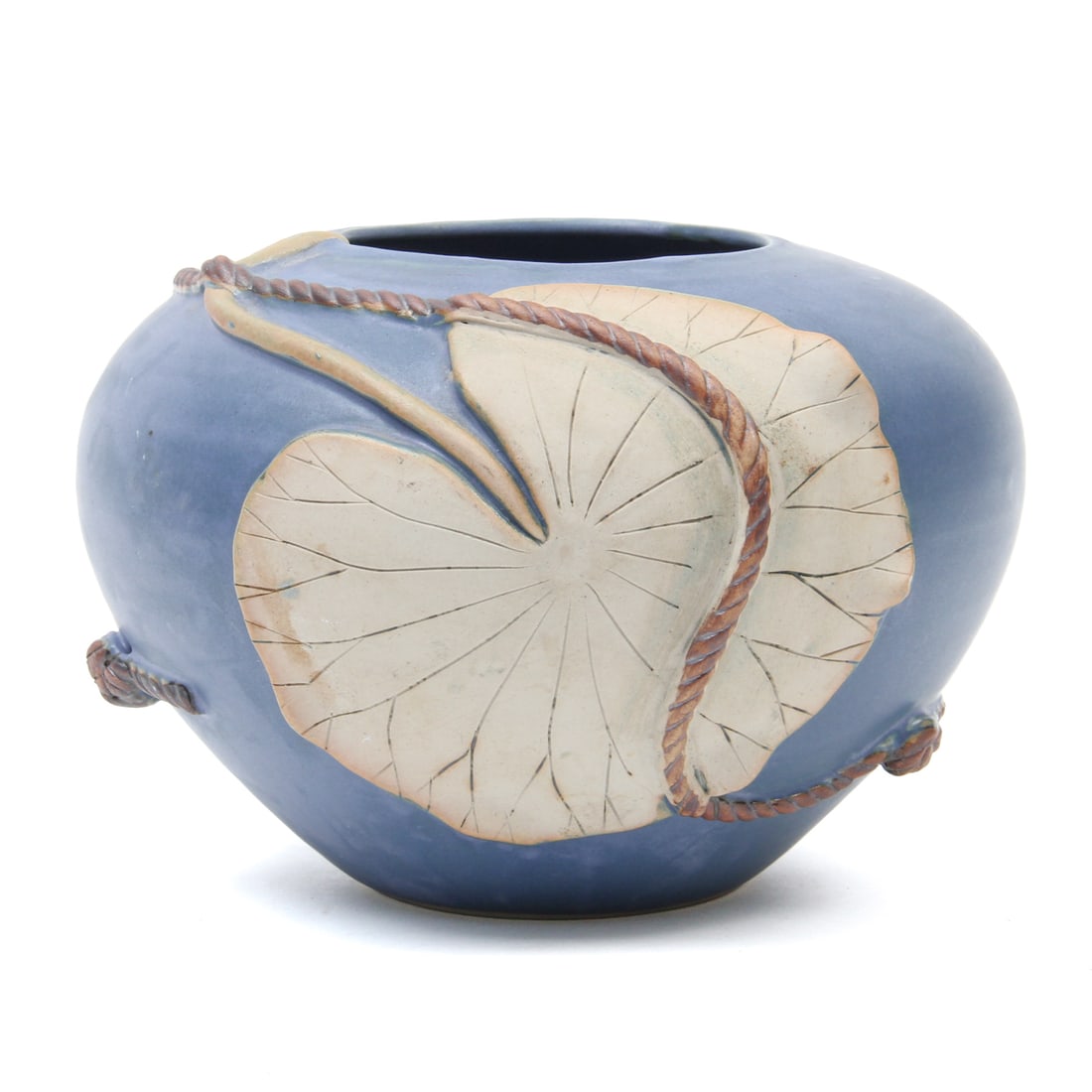Art Pottery Rope and Leaf Vase: A vintage handmade blue glazed vase with a rope and leaf design. 9w, 6h inches.