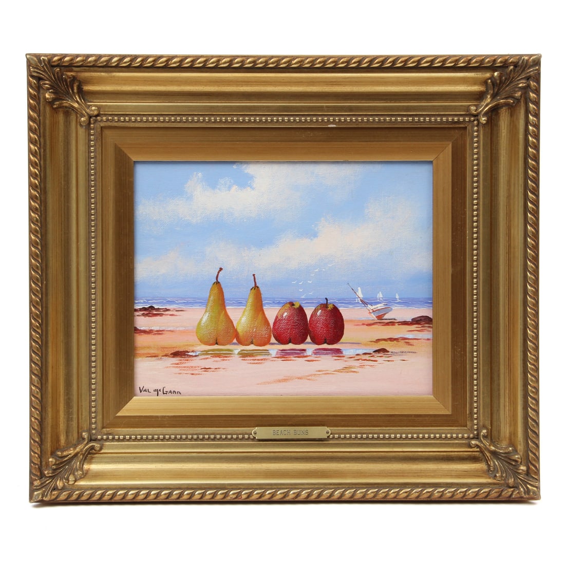 Val McGann "Beach Buns" Surrealist Painting: Vintage painting on canvas by Val McGann titled "Beach Buns" depicting oversized fruits on the beach. Signed lower left, housed in a gilt gold frame. 16w, 14h, 2d inches.