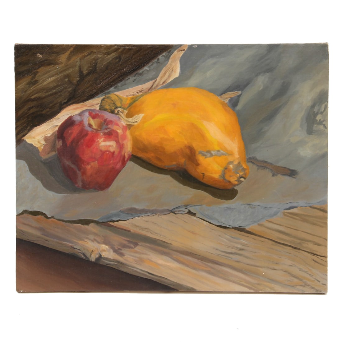 Donna Landers Fruit Still Life Oil Painting: A vintage fruit still life oil painting on canvas by Donna Landers., unframed. 20w, 16h inches.