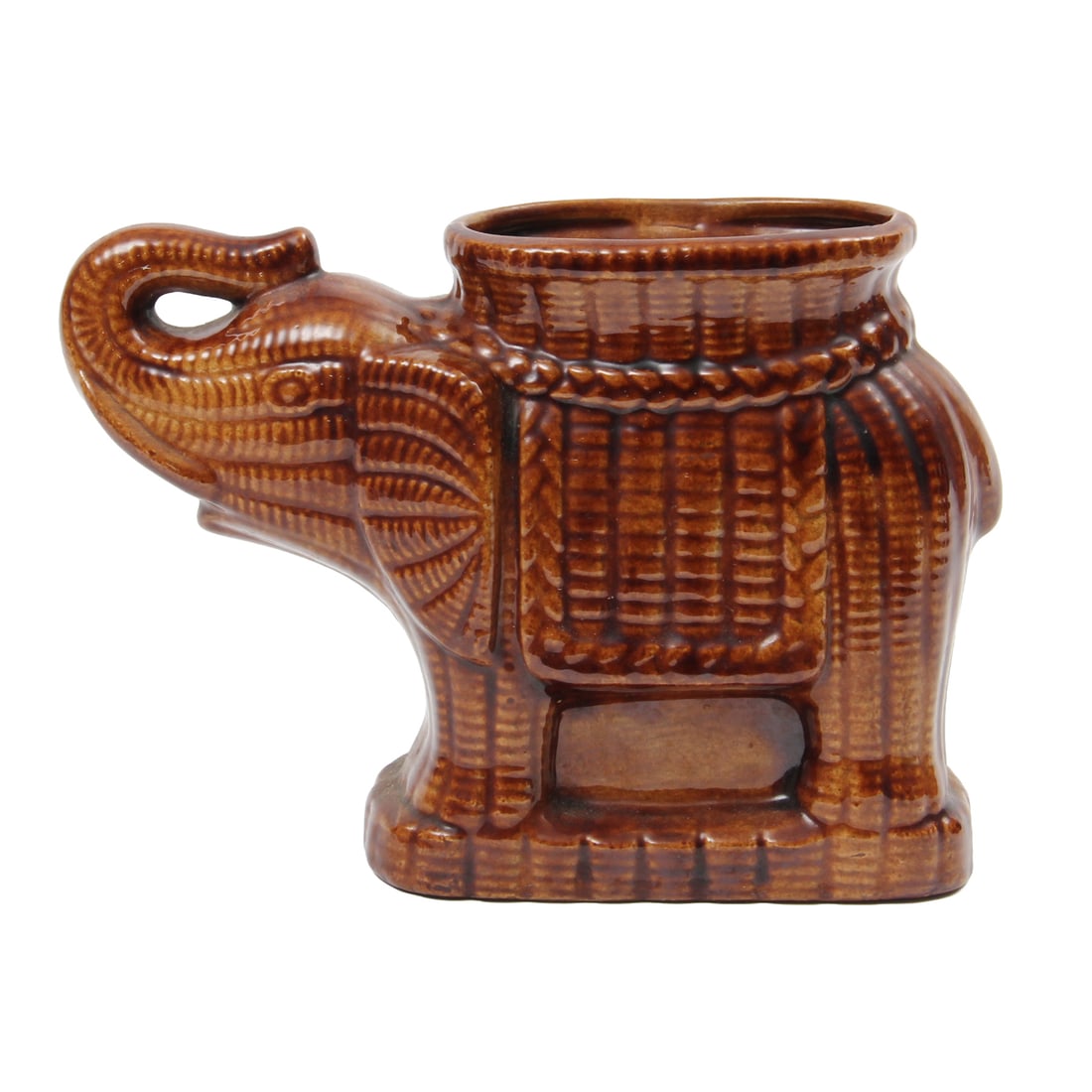 Vintage Elephant Planter: A vintage brown glazed elephant mold planter. 8w, 6h, 3d inches.