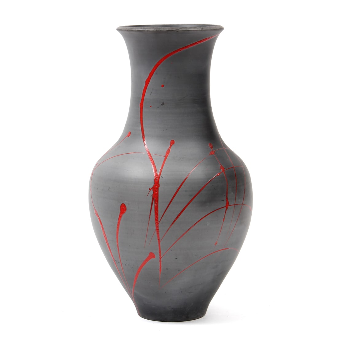 Bob Reiberg Ceramic Vase: A vintage ceramic vase by potter Bob Reiberg, this vase features a grey form with a red splatter design. 9w, 17.5h inches.