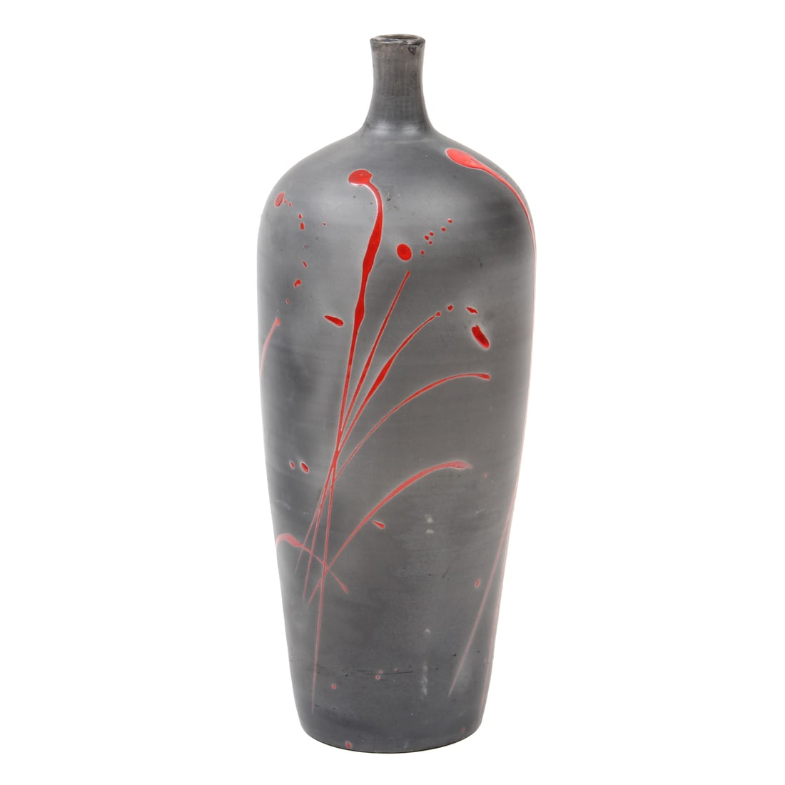 Bob Reiberg Ceramic Vase: A vintage ceramic vase by potter Bob Reiberg, this vase features a grey form with a red splatter design, piece is unsigned. 5w, 14h inches.