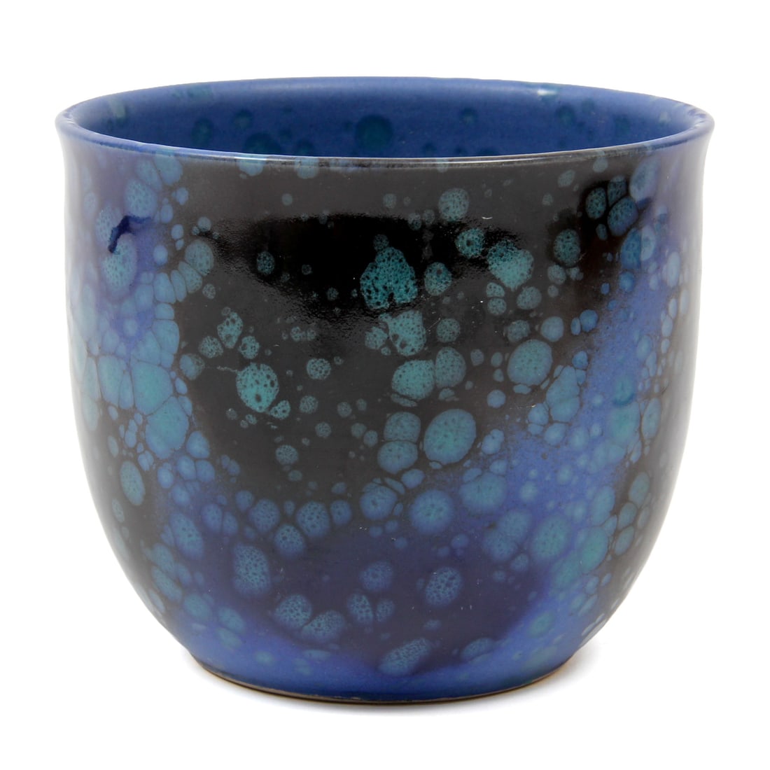 Scheurich West Germany Ceramic Art Pottery Vase: A vintage Scheurich West Germany vase with blue, black, and green lava bubble design. 5w, 4.25h inches.