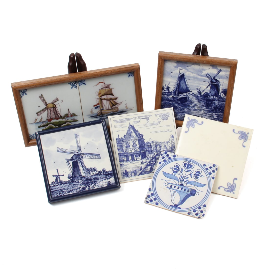 Ceramic Dutch Style Tile Collection: A collection of Dutch style hand-painted and transfer tiles, 10.5w, 6h inches (of largest framed piece)
