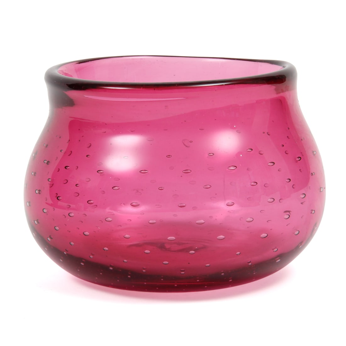 Bob Pozarski Cranberry Bubble Glass Vase, Signed: a vintage cranberry colored glass vase with a bubble design, signed vase. 6w, 4.5d inches.