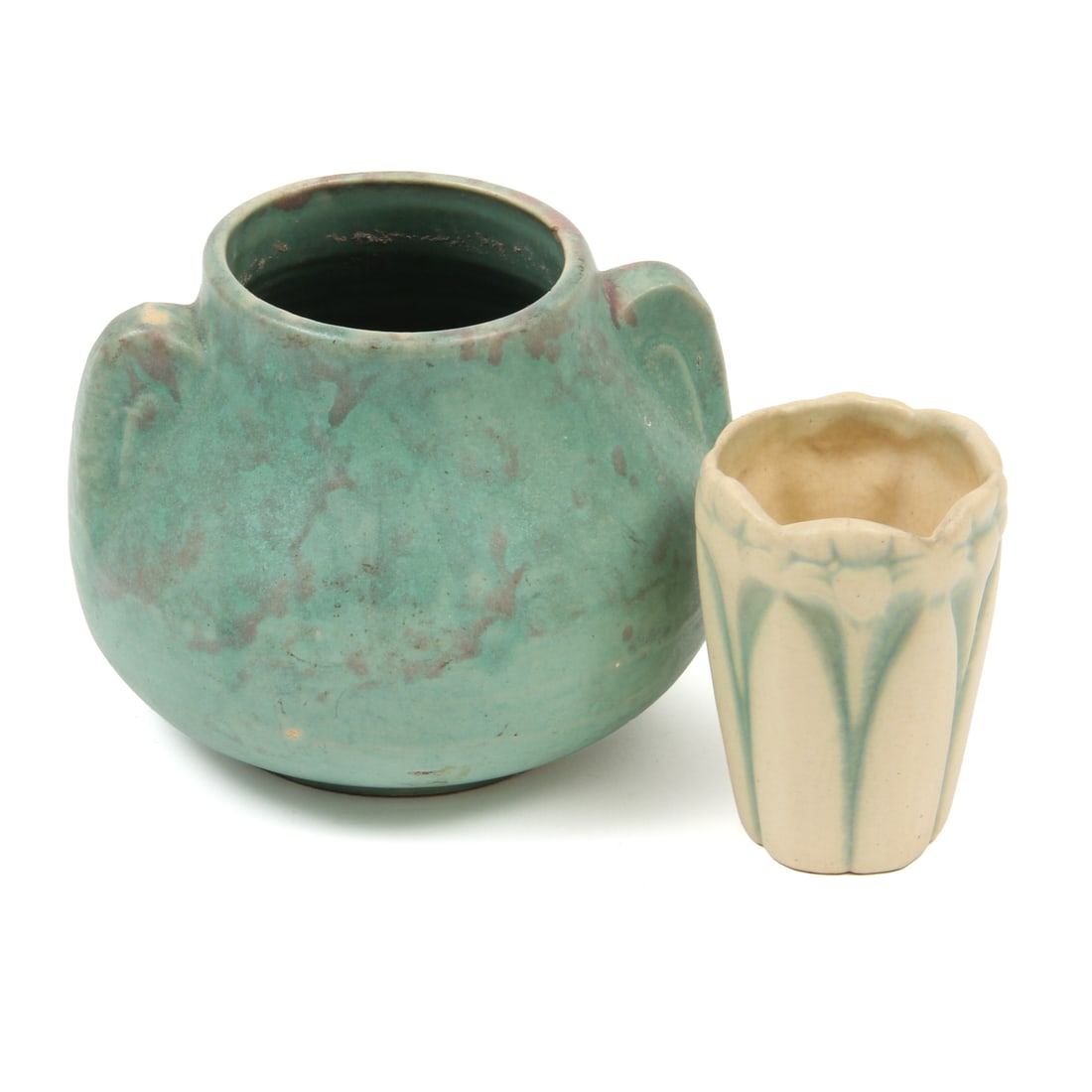 Brush Mccoy Vases: A small vase by Brush McCoy with an amaryllis design and green/cream glaze. 6w, 5h inches.