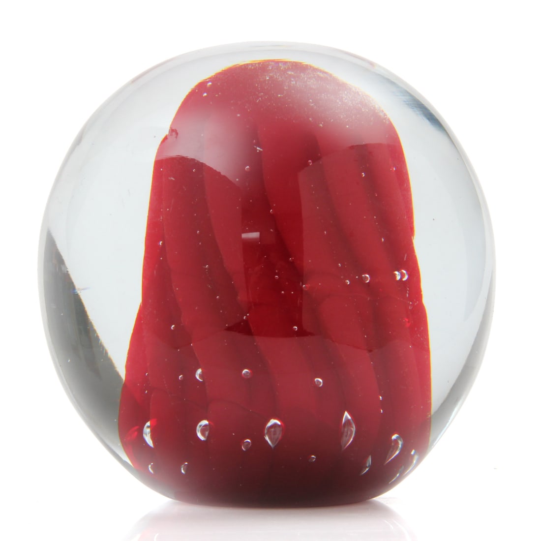 4.5" Hand Blown Red Glass Paperweight: Vintage hand blown glass paperweight with a swirliing red design. 4.5w, 4.5h inches.