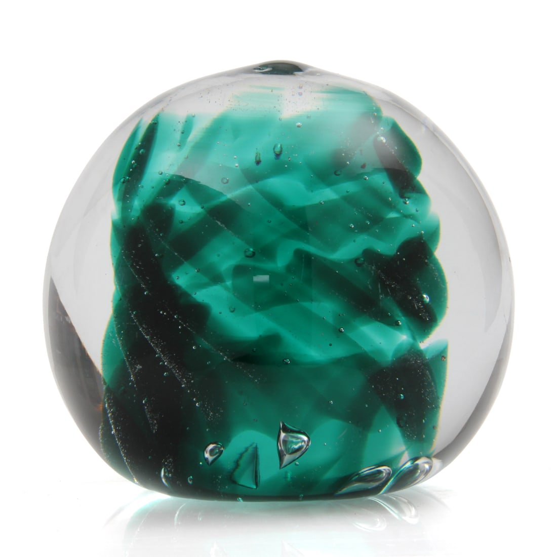 4.5" Hand Blown Green Glass Paperweight: Vintage hand blown glass paperweight with a swirliing green design. 4.5w, 4.5h inches.