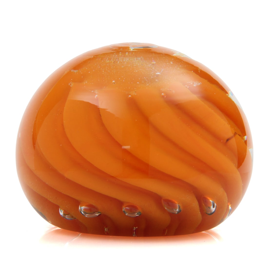 4" Hand Blown Orange Swirl Glass Paperweight: Vintage hand blown glass paperweight with a swirliing orange design. 4w, 3h inches.