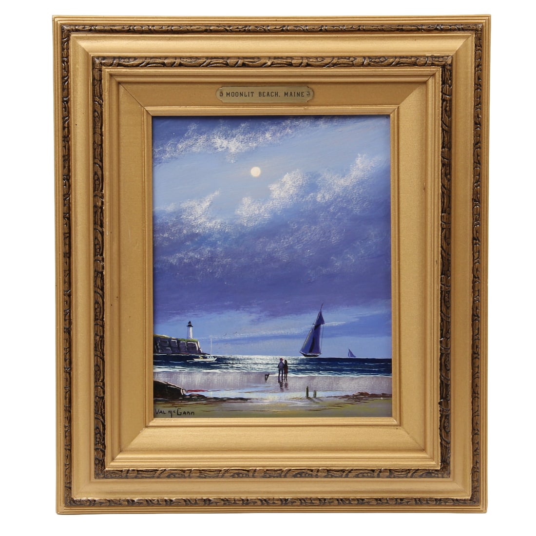 Val McGann "Moonlit Beach, Maine" Painting: Vintage painting on canvas by Val McGann titled "Moonlit Beach, Maine" depicting a night beach scene. Signed lower left, housed in a gilt gold frame. 13.5w, 15.5h, 2d inches.