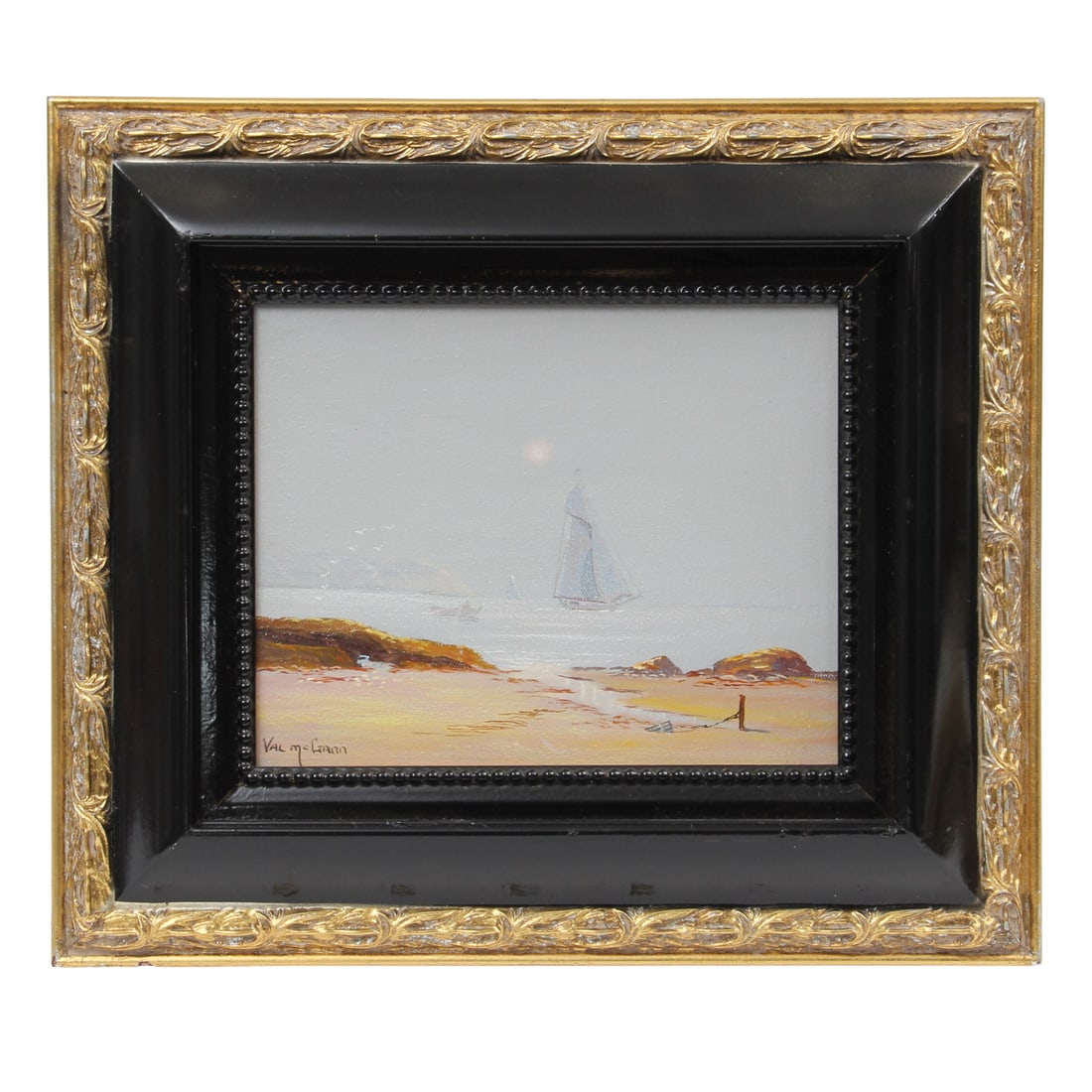 Val McGann "Fogging In Me" Painting: Vintage painting on canvas by Val McGann titled "Fogging In Me". Signed lower left, housed in a gilt gold frame. 16w, 14h, 2d inches.