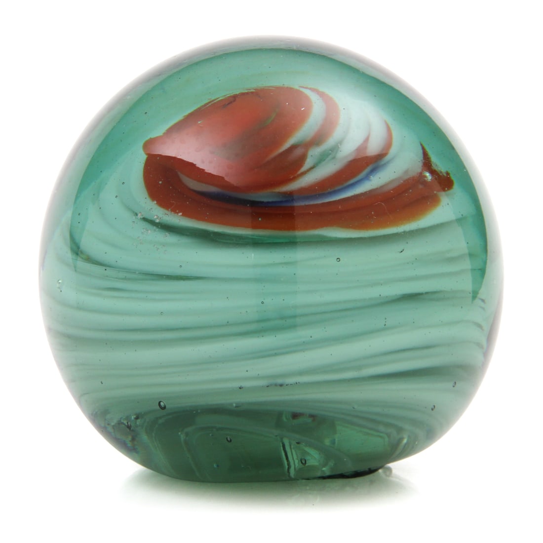 3.5" Red & Green Art Glass Paperweight: A vintage art glass paperweight with red and green swirl design. 3.5w, 3.5h inches.