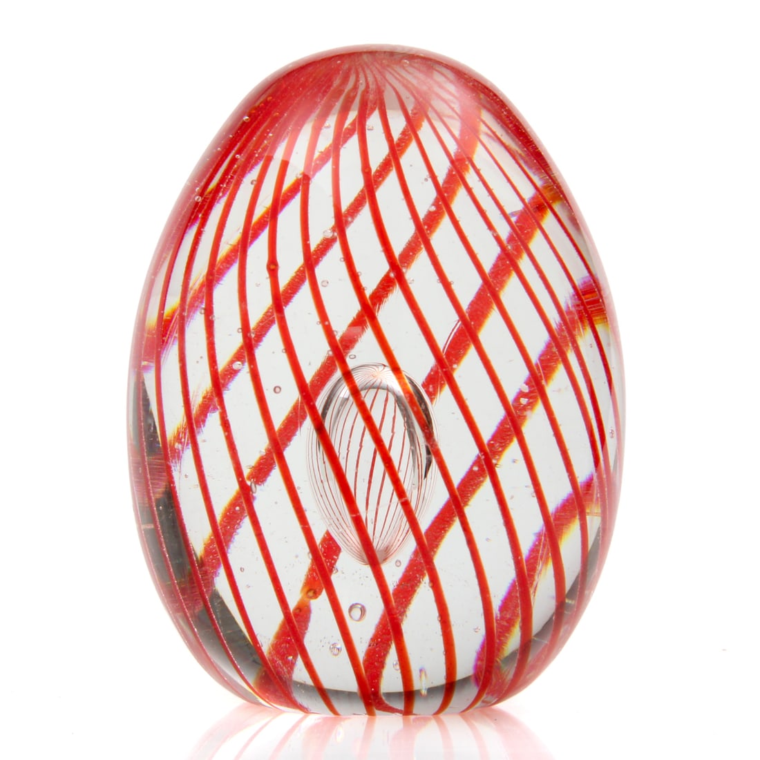 4.5" Red Swirl Hand Blown Art Glass Paperweights: A hand-blown red striped swirling design art glass paperweight. 3w, 4.5h inches.