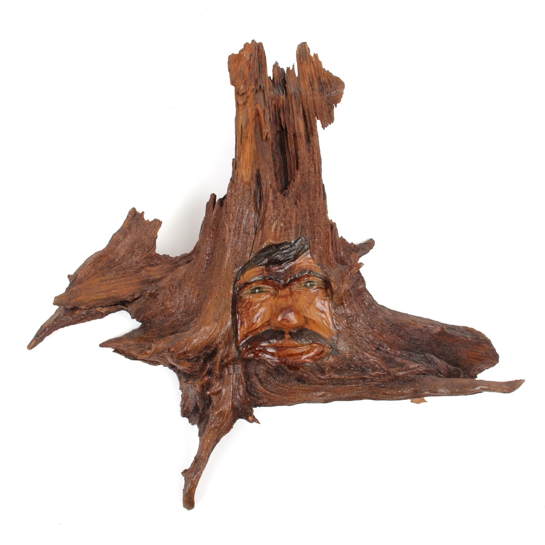 Vintage Ancient Man Hand Carved Folk Art Tree Sculpture: A vintage hand carved face wood tree sculpture of an ancient man. 18w, 16h, 3.5d inches.