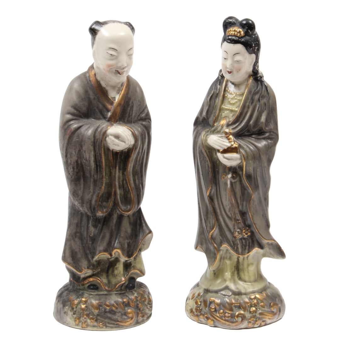 Chinese Porcelain Statues: A pair of chinese porcelain male and female statues with hand painted details. 4.5w, 15h, 4.5d inches.