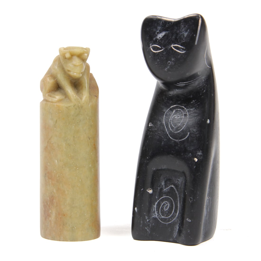 Soapstone Cat Figurine & Asian Monkey Seal: A pair of vintage carved stone animal figures. One piece is a carved cat out of soapstone, the other is an asian seal stamp with monkey figure to the top, the stamp seal is blank to bottom. 1.25w,