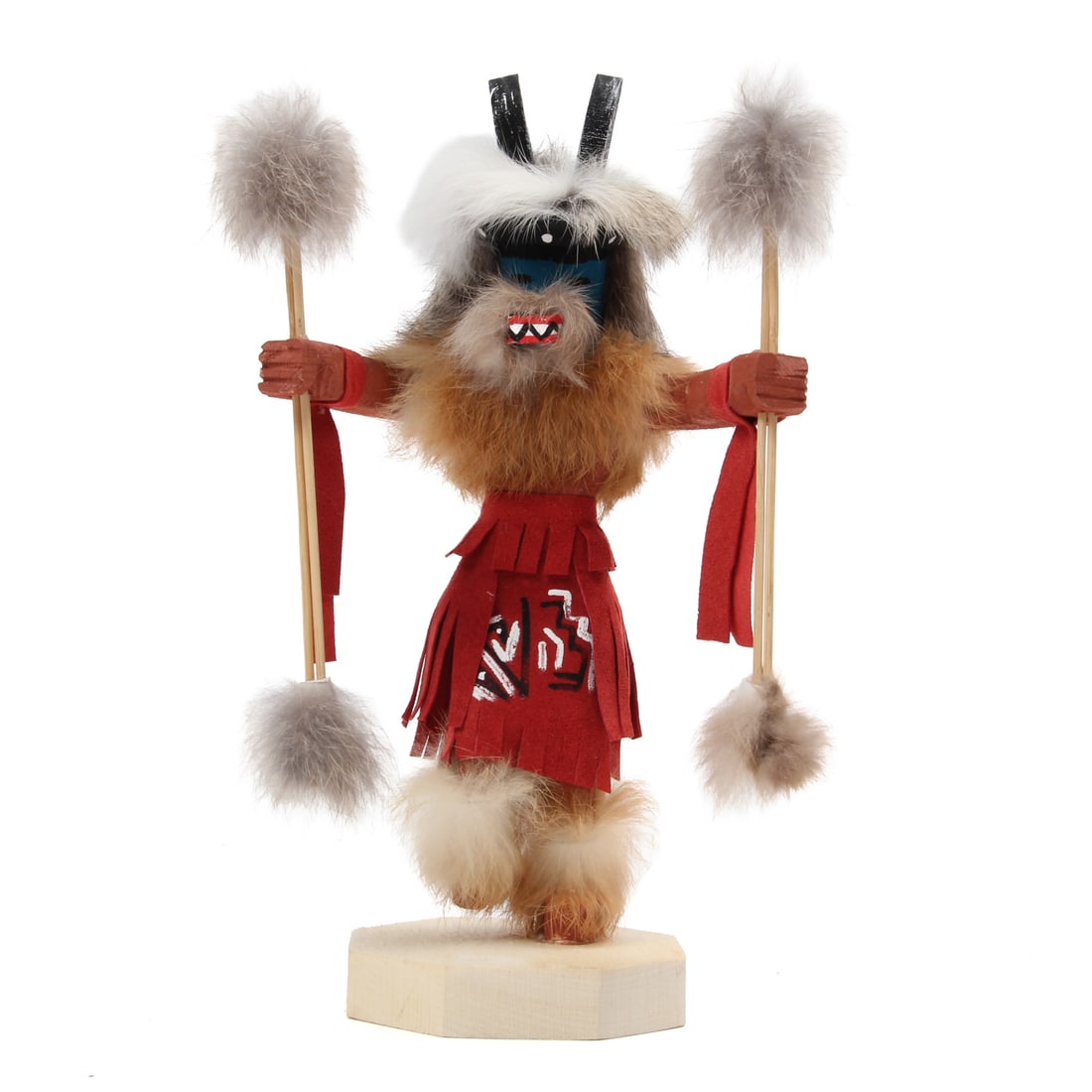 Kachina doll by Ram Jacidal: Vintage wood, fur, and suede Kachina doll by Ram Jacidal. 7w, 10h, 4d inches.
