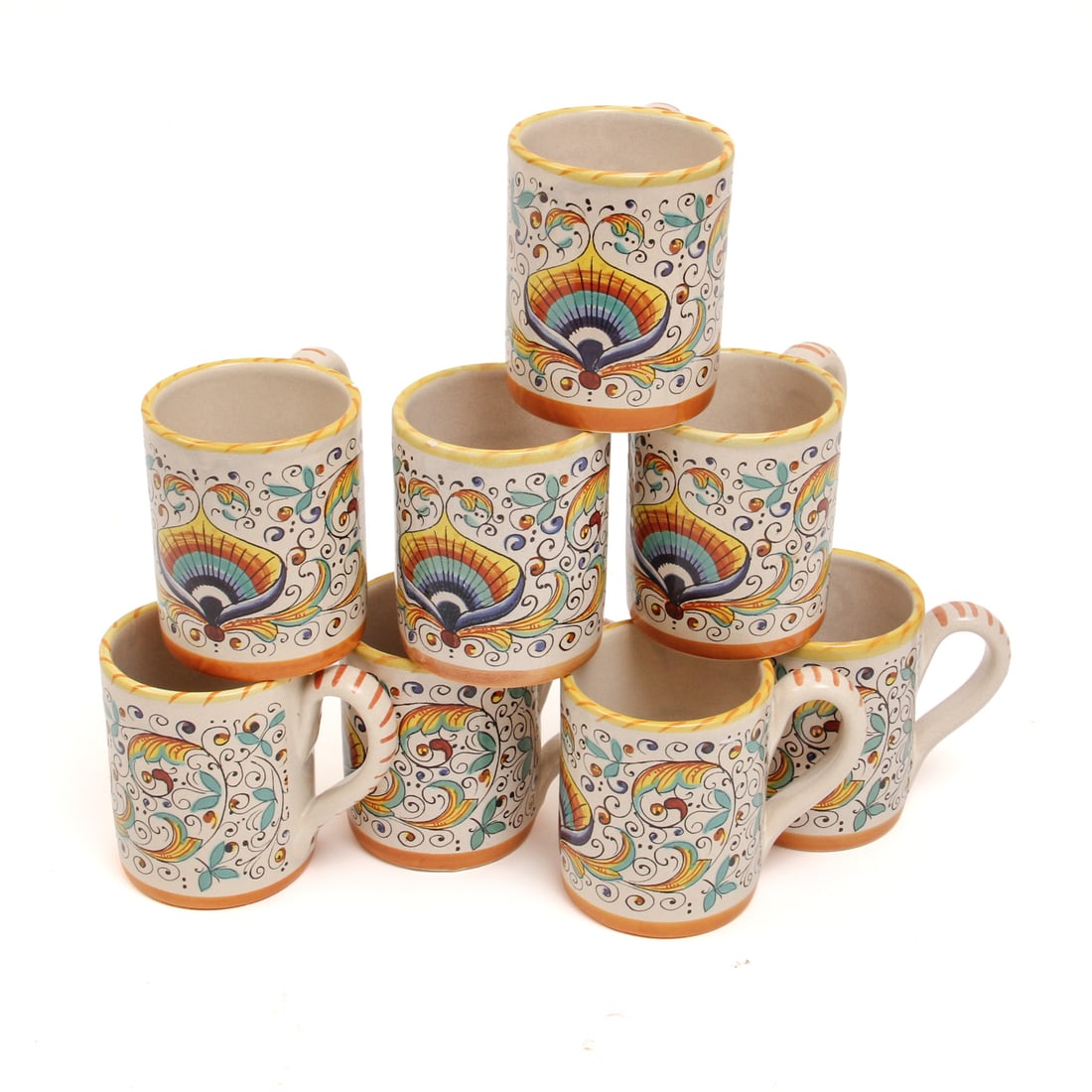 Meridiana Ceramiche Italian Mugs, 8 pcs: A set of 8 Meridiana Ceramiche mugs. 3.5w, 4.25h, 5.5d inches (of one mug).