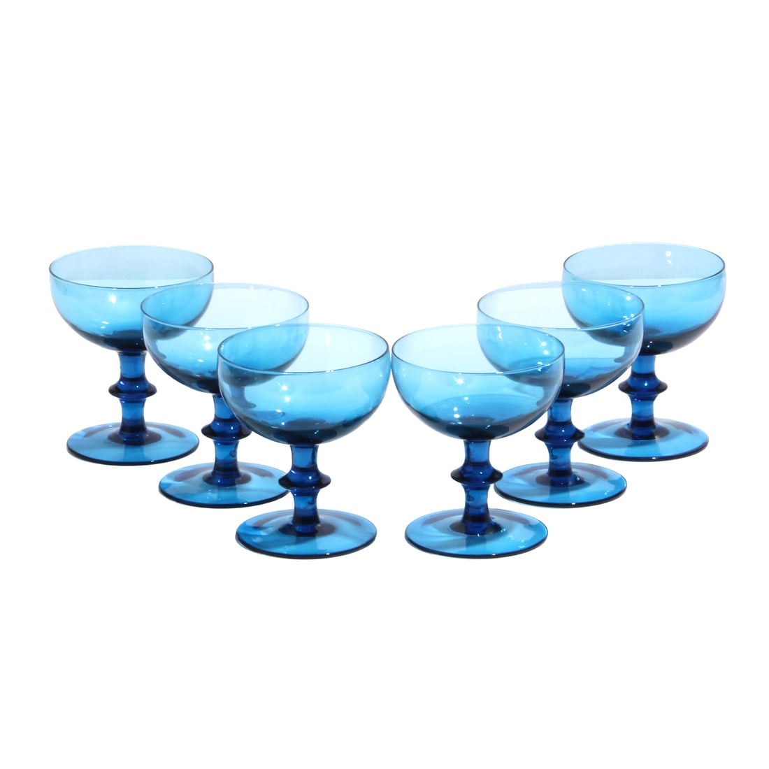 Carlo Moretti Style Blue Glasses, 6: Six Carlo Moretti style blue coups, dessert cups, or glasses. 3 7/8" width, and 4 3/8" high.