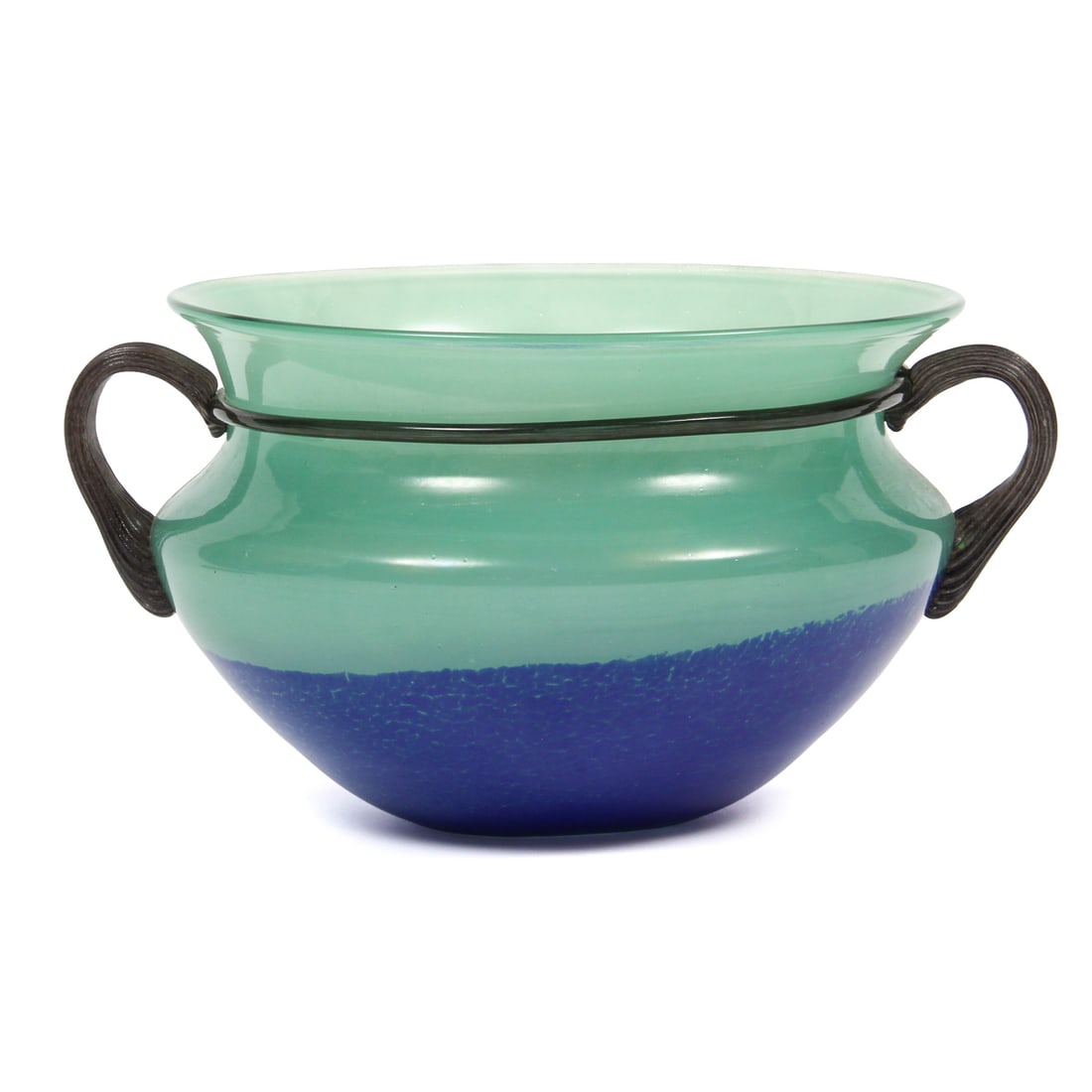 Art Glass Double Handled Bowl: A vintage art Glass double handled green and blue centerpiece bowl with black glass handles and details. 12w, 6.5h, 10d inches.