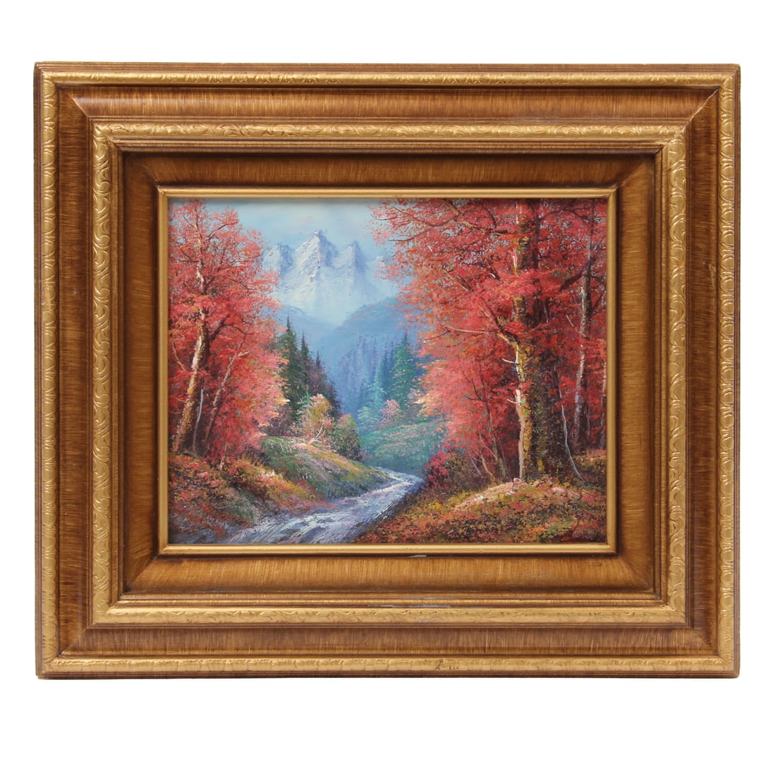 Vintage Oil Painting on Canvas: Vintage oil painting on canvas depicting trees, mountains and a stream. Housed in a gold gilt wood frame. unsigned. 15w, 13.5h, 2d inches.