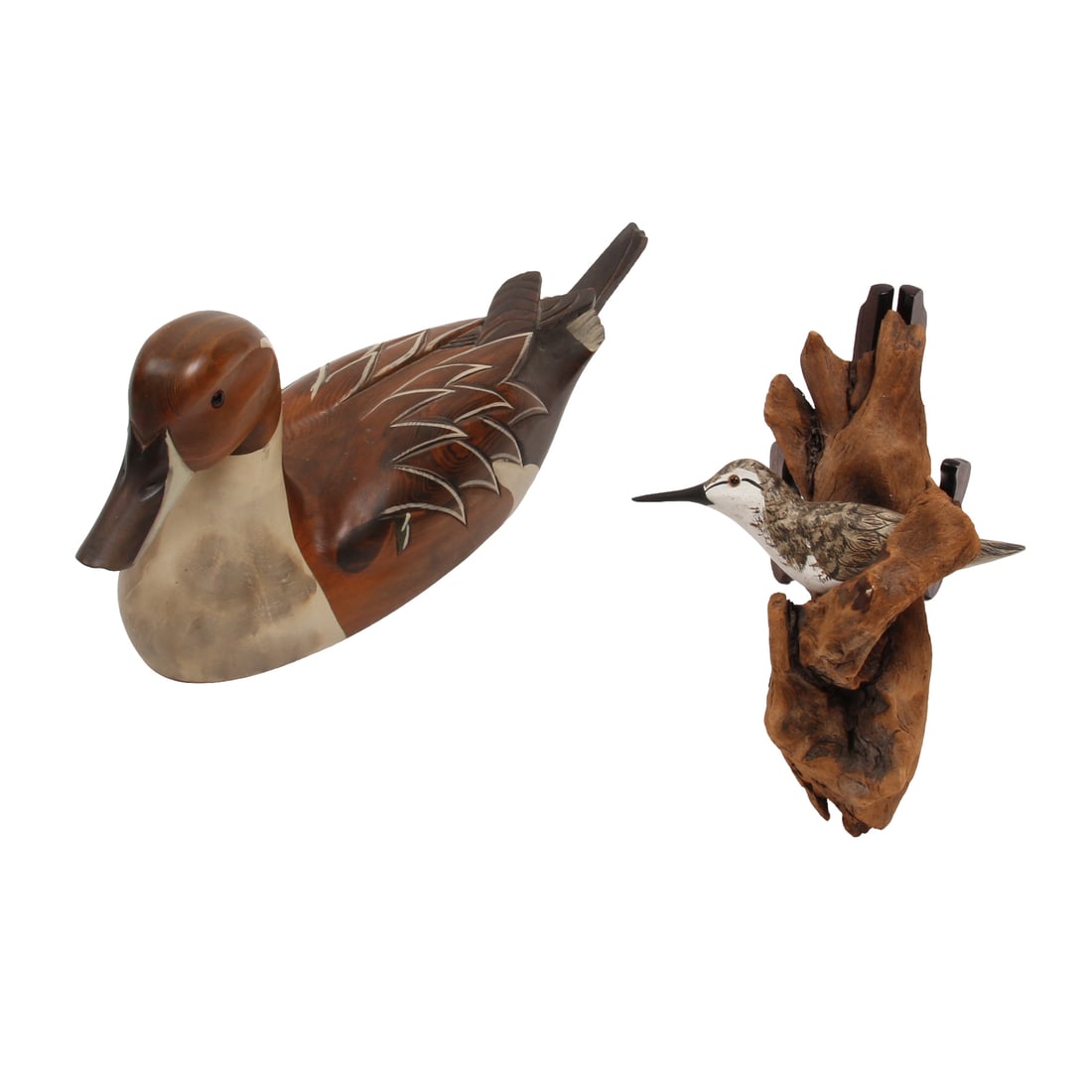 Boyds Duck Decoy and Bird on Branch: A pair of carved wood bird decoys including a "Hunters Pintail Drake" by Boyds Collection, and a carved wood hand-painted bird mounted on wood branch signed "John & Maire '91". 20w, 8h, 6d inches (of