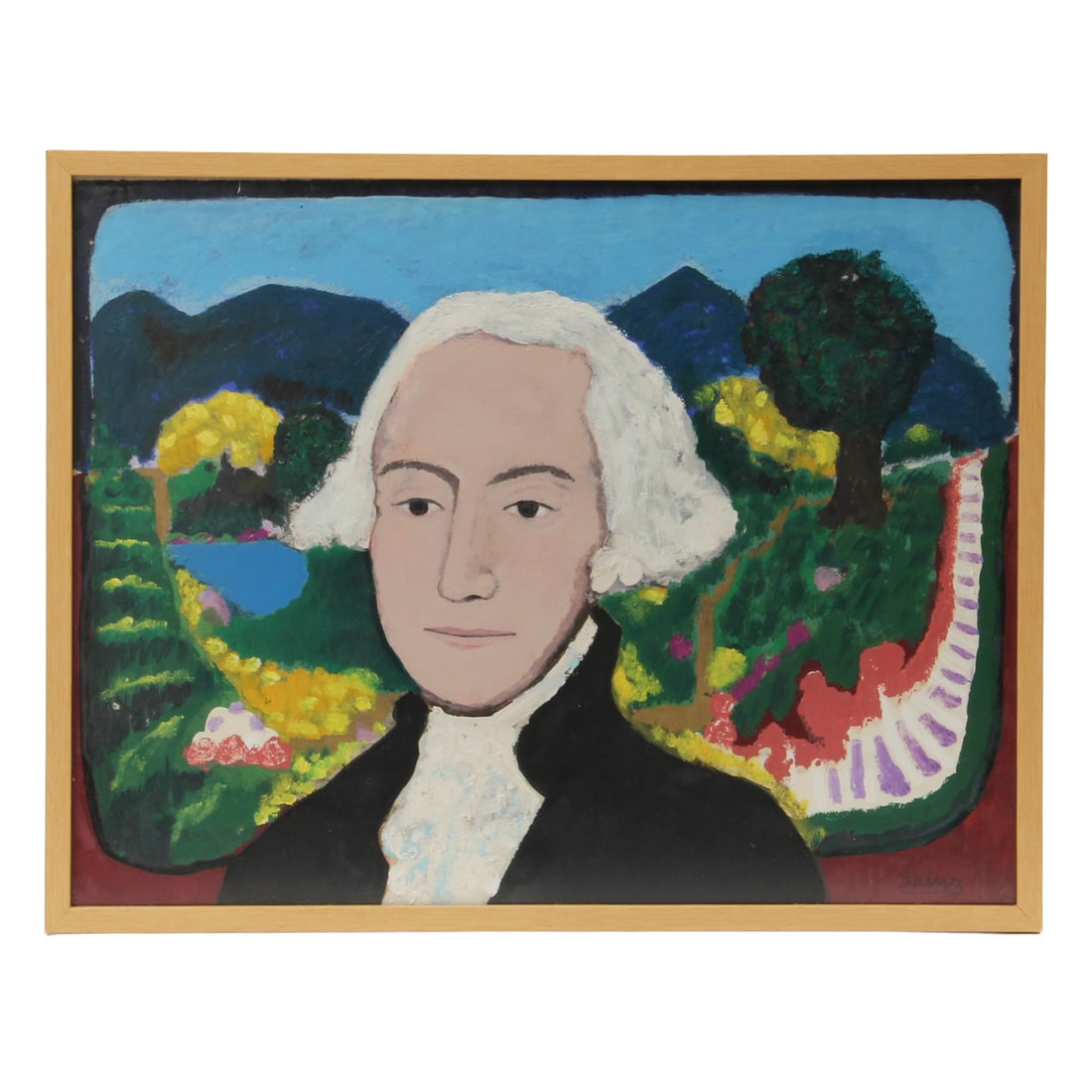 Francisco Sainz (American/Spanish, 1923-1998), George Washington Painting: Francisco Sainz (American/Spanish, 1923-1998), Gearge Washington framed painting. Piece is framed in a light wood frame under glass. 71w, 21.25h, 0.75d inches.