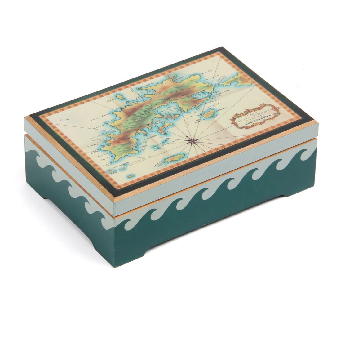 Anri St. Thomas Wood Music Box: Vinage wood music box by Anri, with map of St. Thomas, red felt interior. 5.75 w, 2h, 4d inchers.