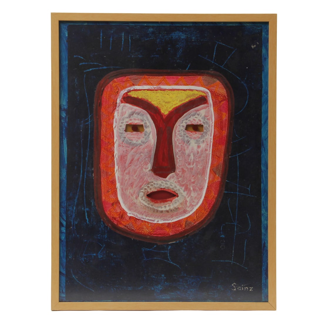 Francisco Sainz (American/Spanish, 1923-1998), Dimensional Figural Painting: Painting by artist Francisco Sainz with dimensial eyes and mouth, signed to lower right. Piece is framed in a light wood frame under glass. 19.5w, 26h, 0.75d inches.