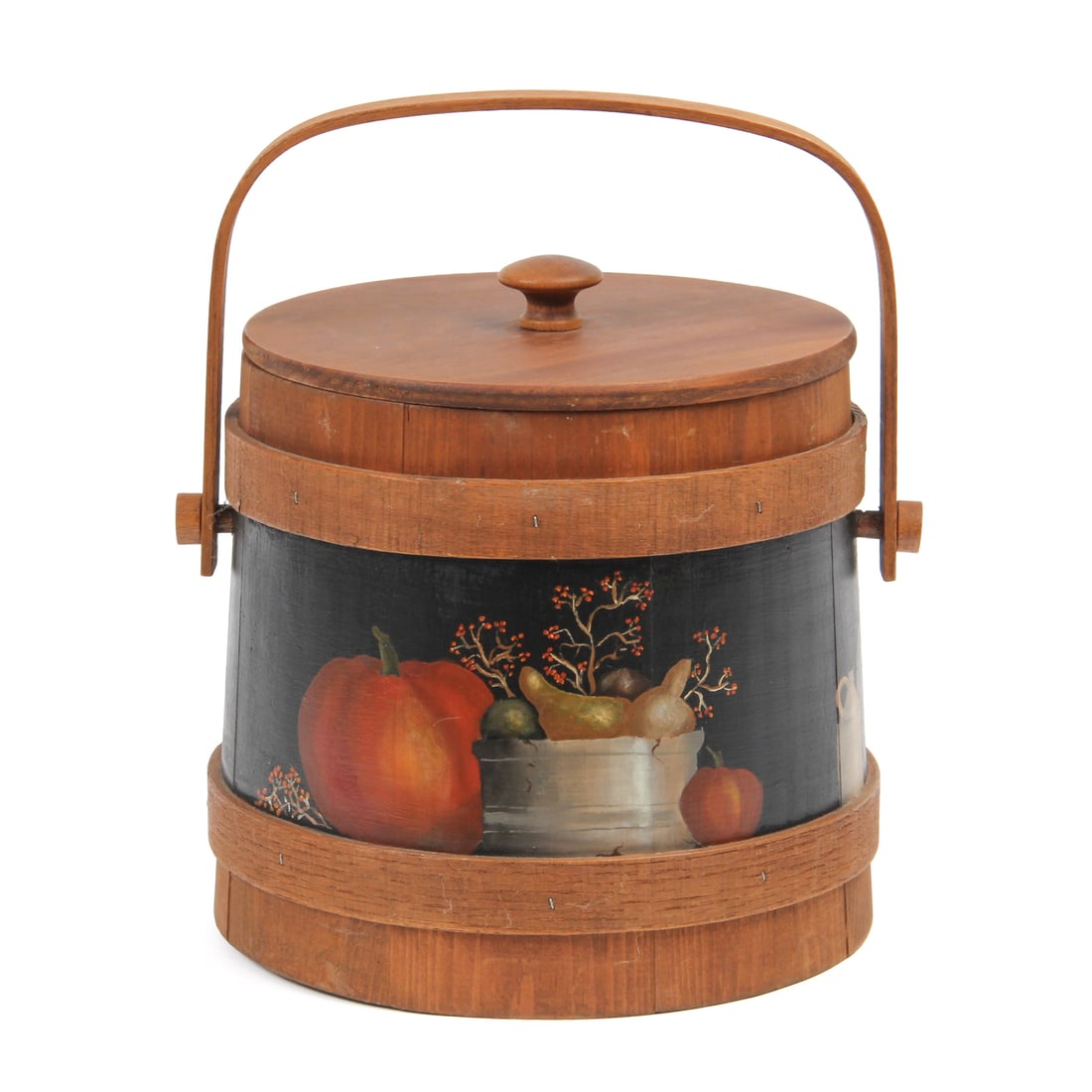 Hand-painted BasketVille Bucket: A vintage hand-painted buckeg by BasketVille, 10w, 9h inches.