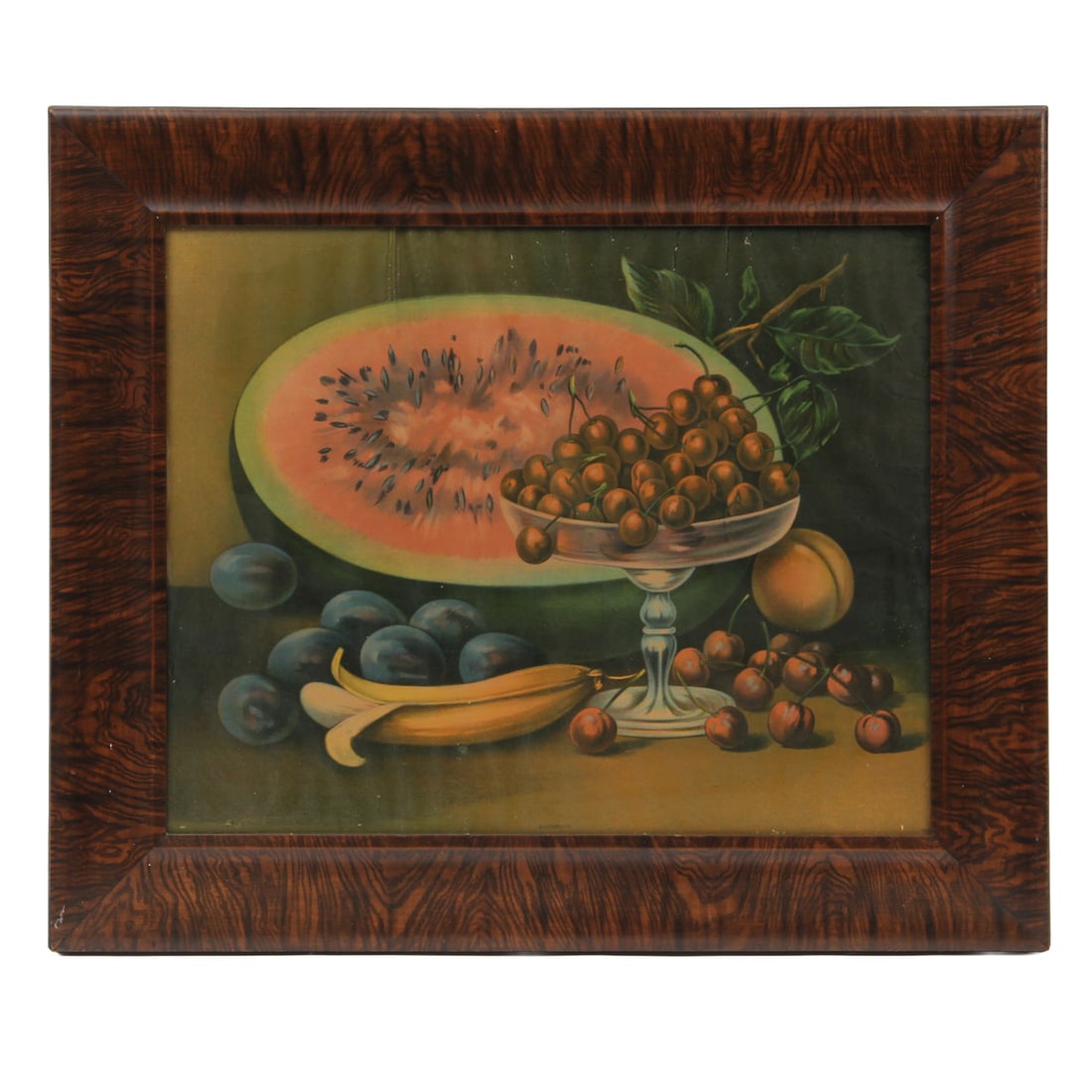 1906 Color Lithograph Print "Watermelon" by James Lee Chicago: An antique color lithographic print by James Lee Chicago dated 1906, titled "Watermelon". Piece is in wood frame under glass. 25.5w, 22h inches.