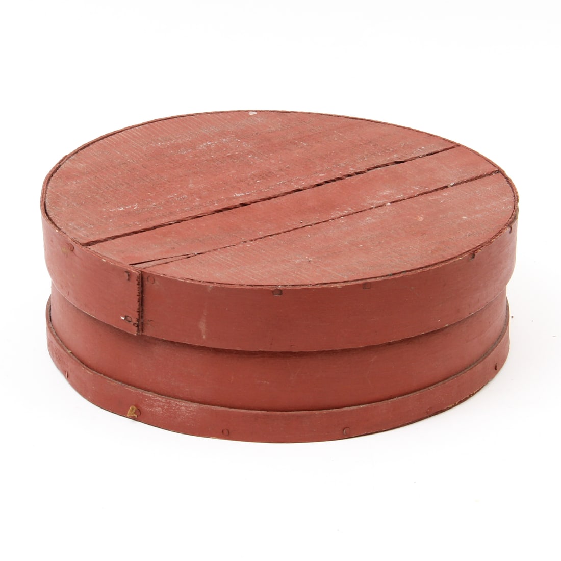 Red Painted Round Cheese Box: A red painted round cheese box 14.24w, 5h inches.