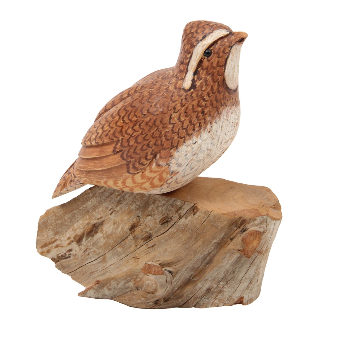 John Cowden Woodcarvers Quail Sculpture: A handpainted and hand carved wood sculpture of a quail on wood branch by John Cowden Woodcarvers. 6w, 7h, 4d inches.