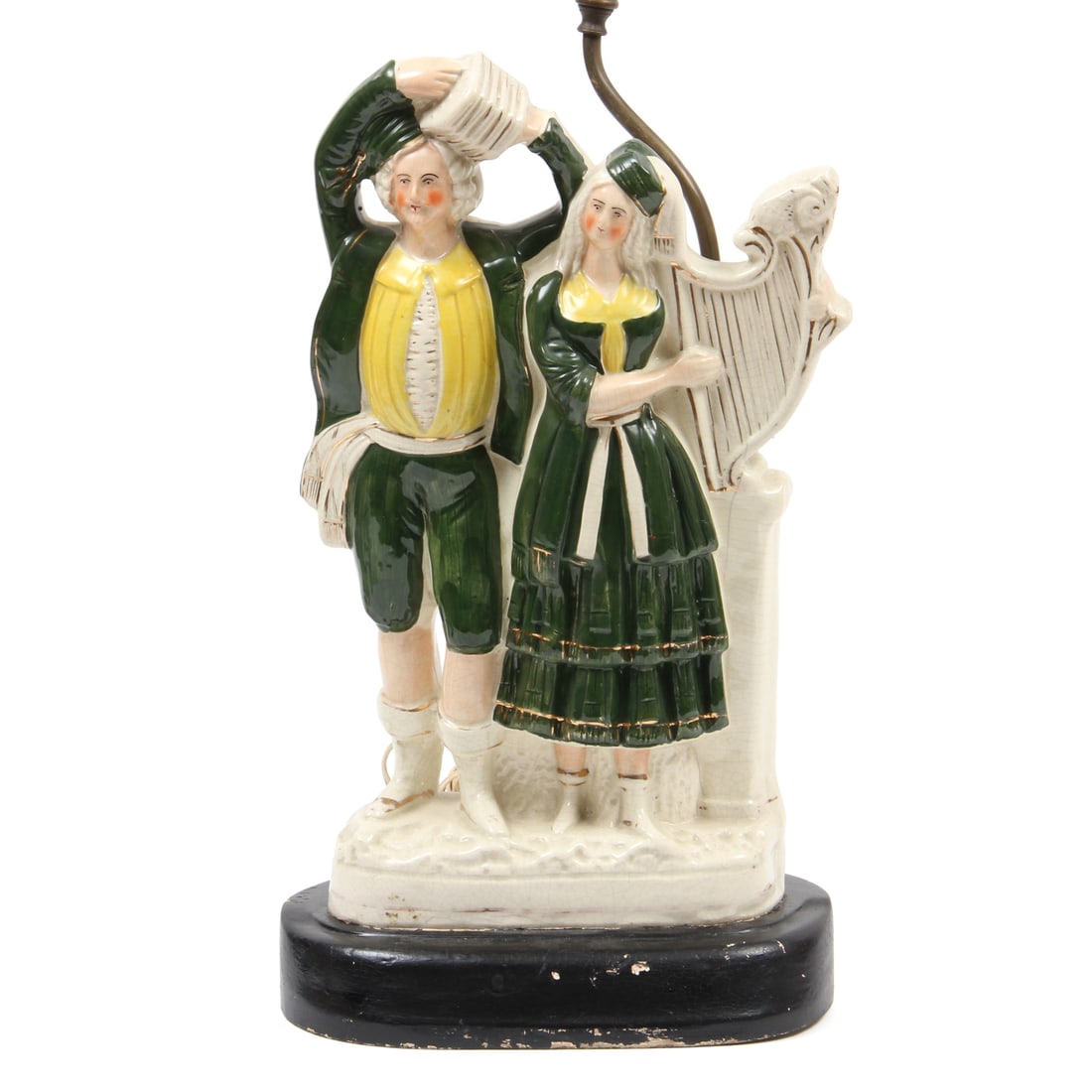 Antique Staffordshire Musicians Figural Lamp: An antique Staffordshire porcelain musicians figurine piece converted into a lamp. 11w, 29h, 6d inches.