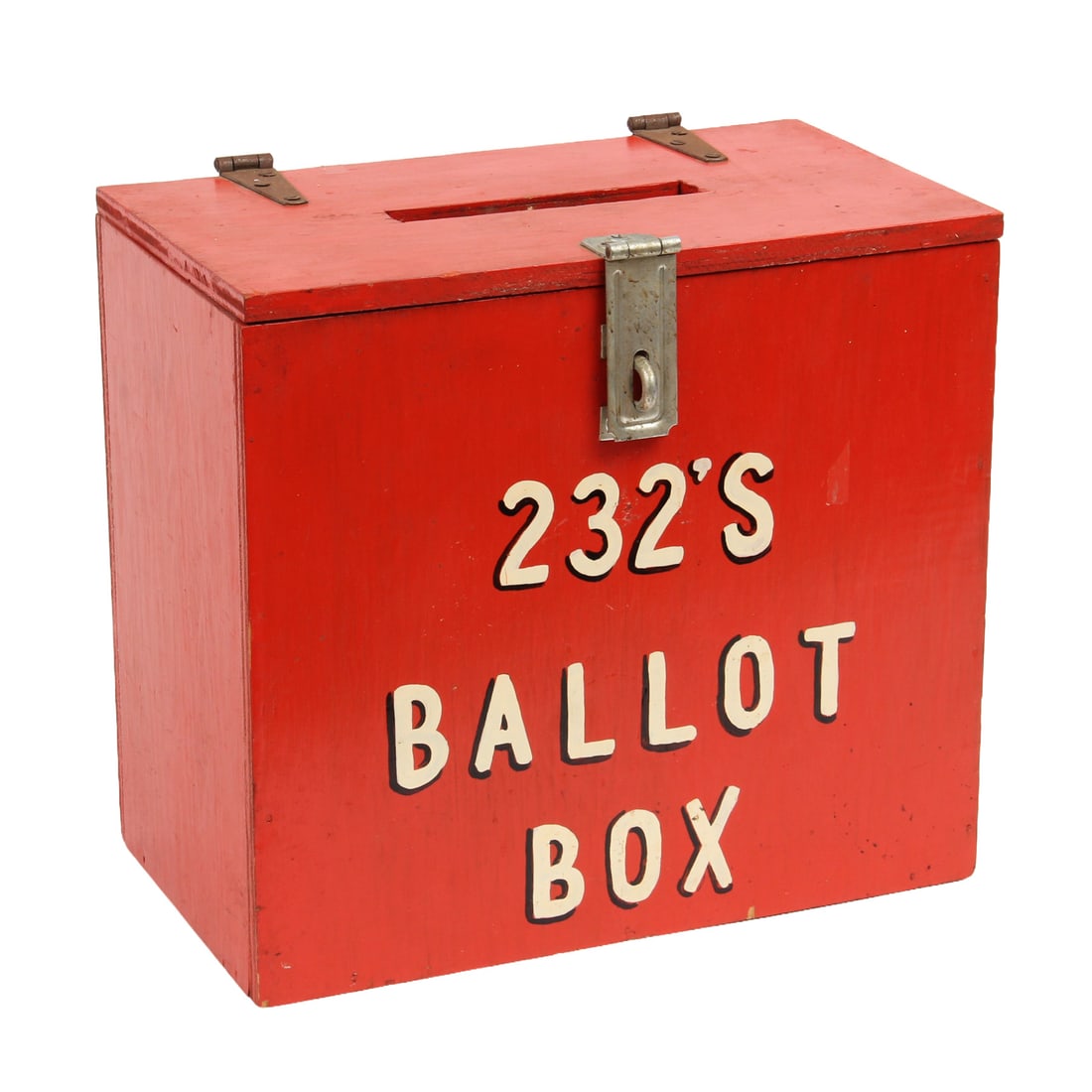 Vintage Ballot Box: A vintage red-painted "232 ballot box". 15w, 13,5h, 8.75d.