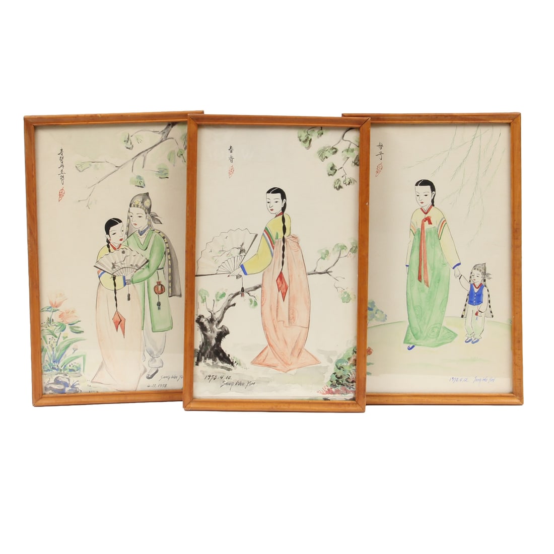 Trio of Watercolor Paitnings by Sang Woo Yuh, 1958: A trio of watercolor paintings depiting various scenes by artist Sang Woo Yuh painted in 1958, housed in wood frames under glass. 9w, 14h inches (of one piece).