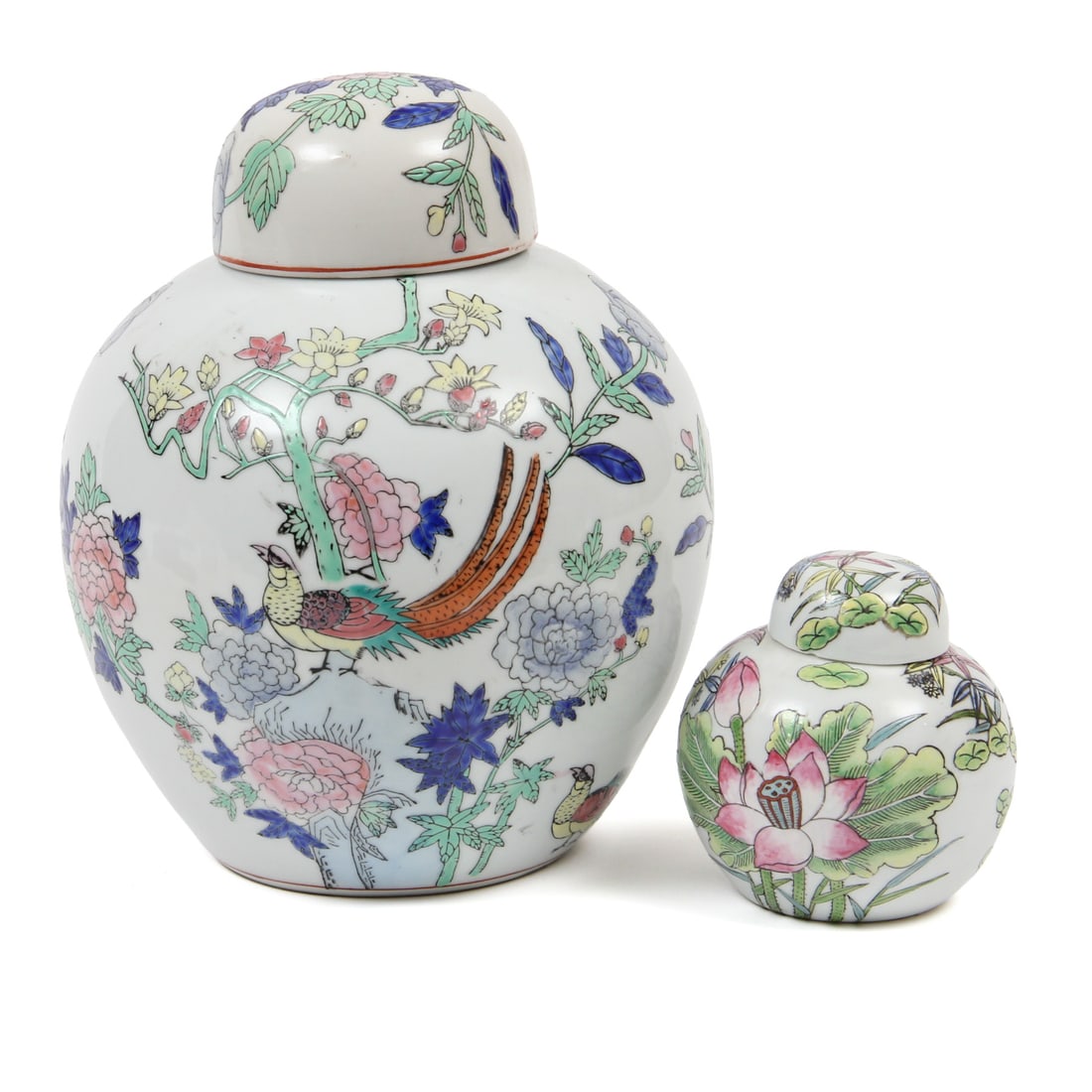 Pair of Chinese Lidded Jars: A pair of chinese lidded jars with floral and bird designs. 9w, 10h inches (of largest jar)